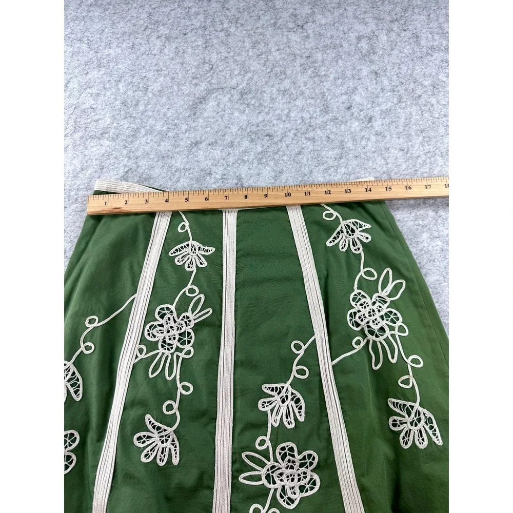 IPSA Anthropologie Floral Embroidered A-Line Skirt Women 4 Green 100% Cotton Y2K